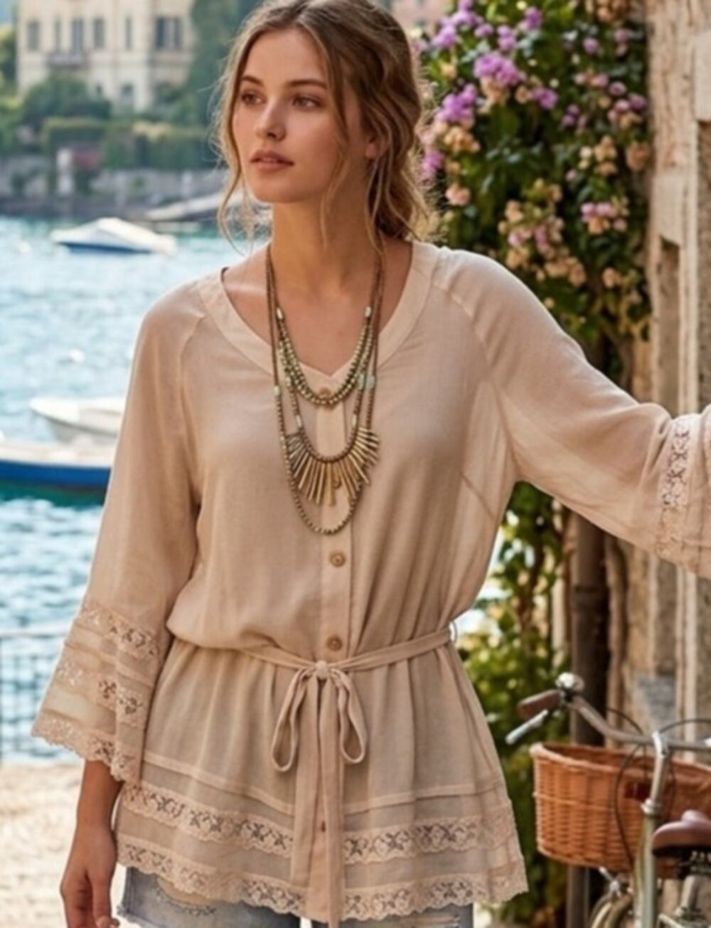 Love Stitch Sheer Bell Sleeve Blouse